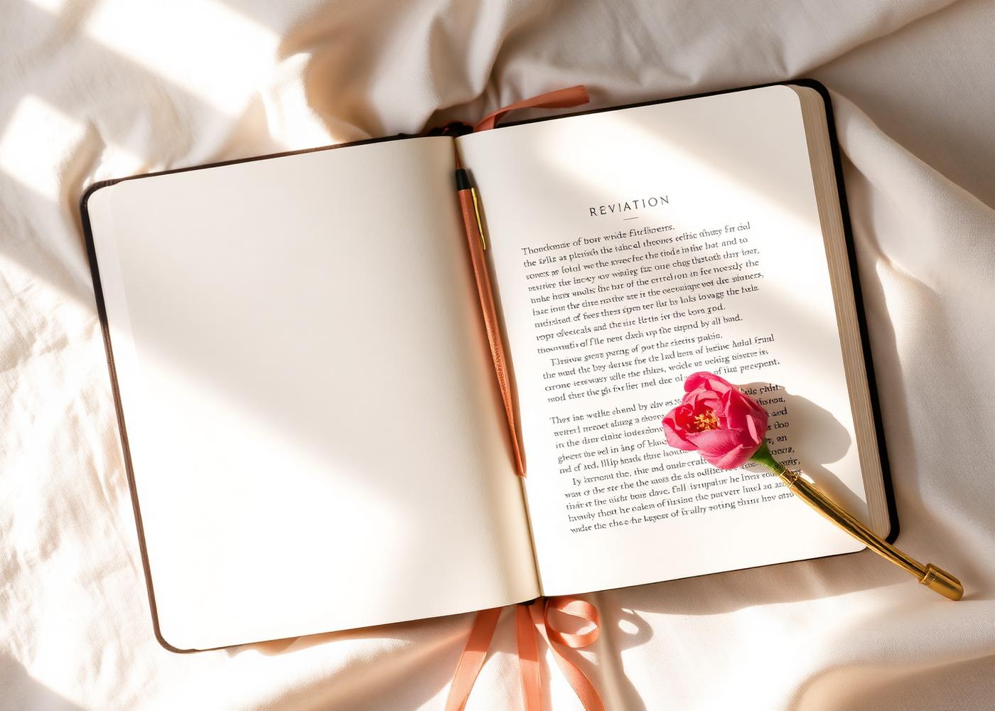 An open devotional resting on soft linen with dried florals in morning light